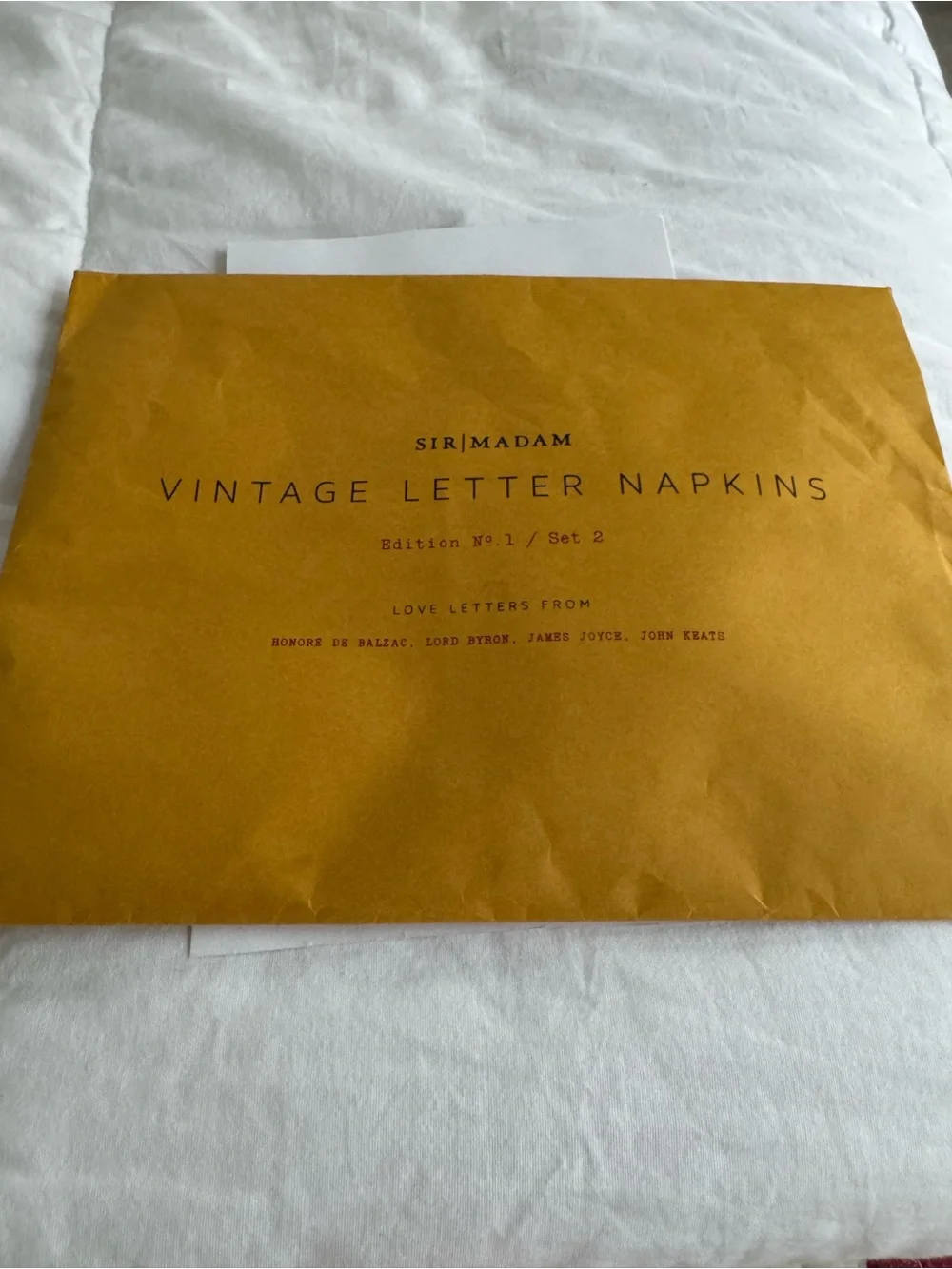 Anthropologie Vintage Love Letter Napkins in Mustard Envelope white Napkins